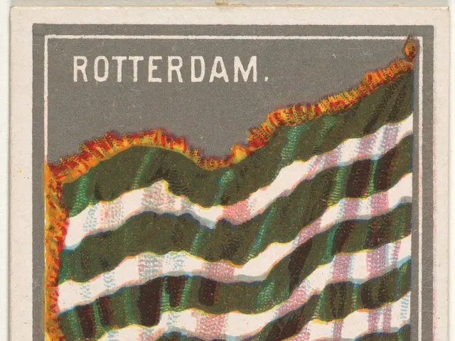 The image shows an old cigarette card with a picture of a flag on it. The flag is composed of a...