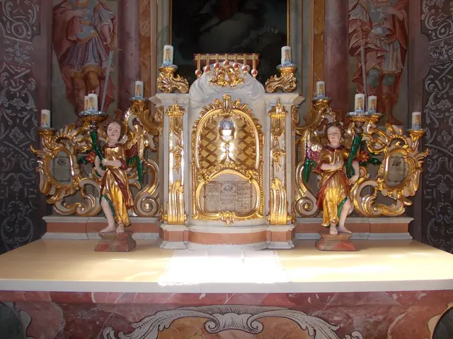 The image shows an altar in a church with a painting on the wall behind it. On the altar there are...
