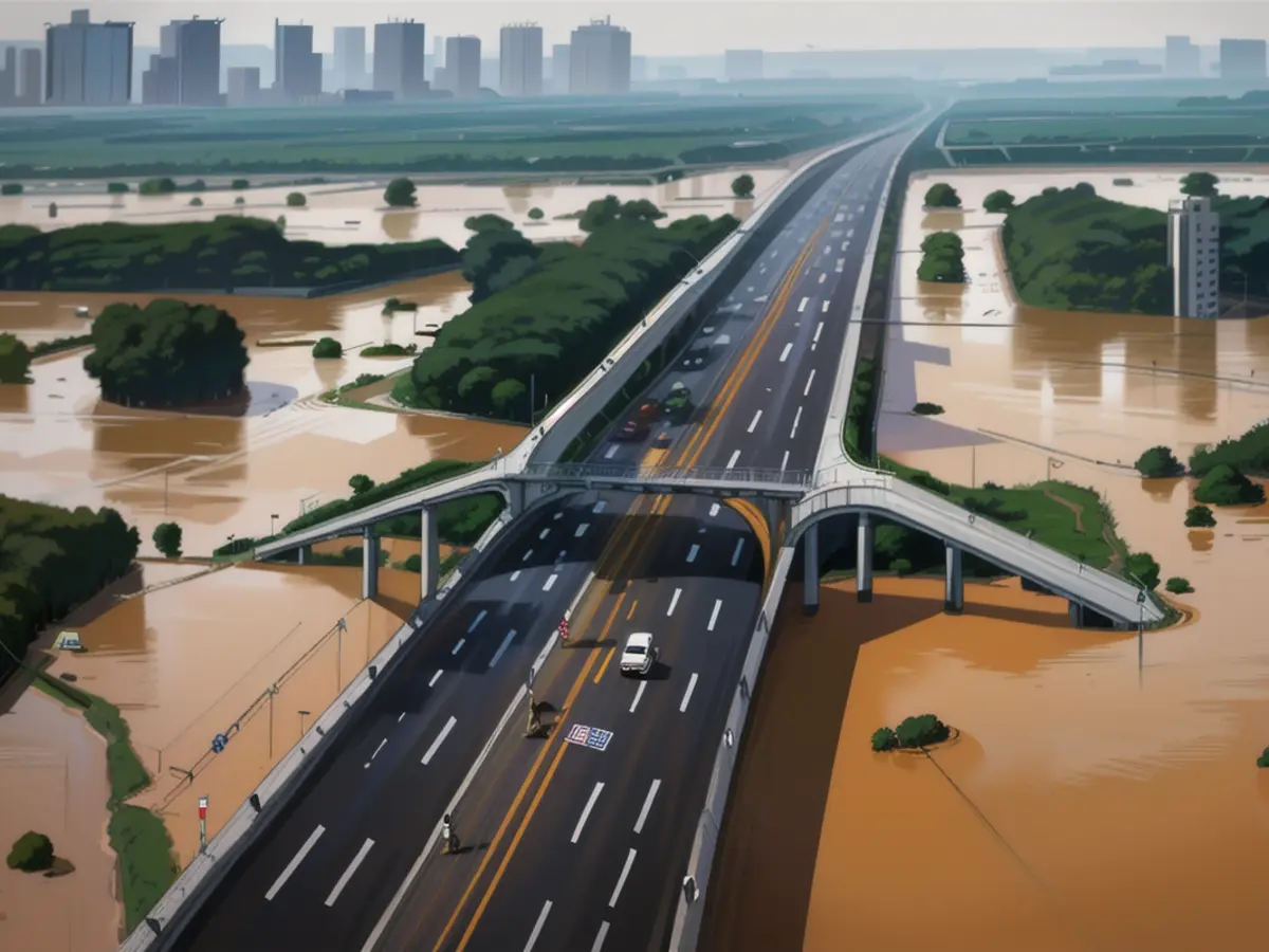 A drone view shows roads submerged in floodwaters following heavy rainfall, in Qingyuan, Guangdong province, China on April 22, 2024.