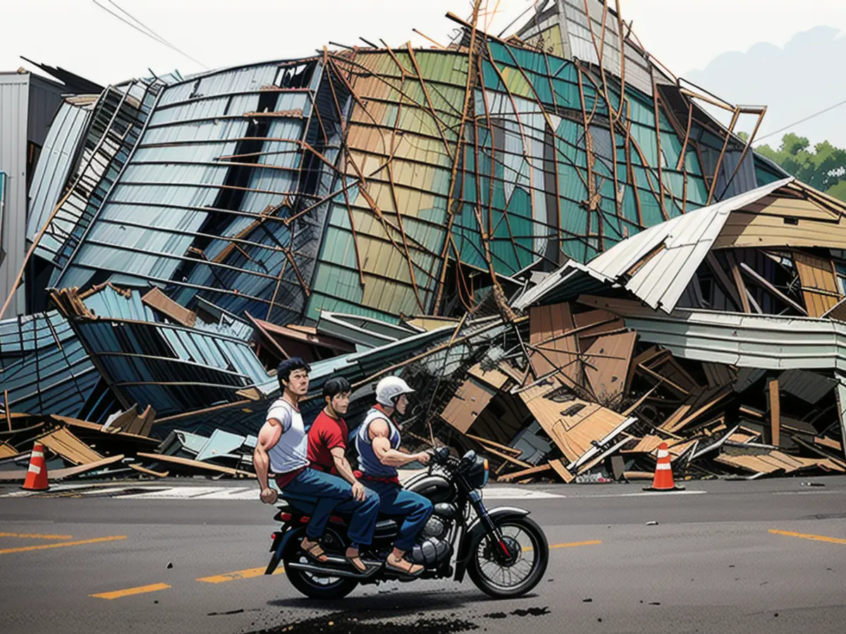 People drive past a damaged building on Sunday after the tornado hit southern China's Guangdong province.