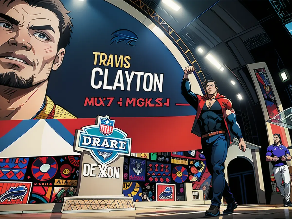 Clayton displays a UK flag on his shoulders while performing after being chosen by the Bills. Clayton wears a United Kingdon flag on his shoulders on stage after being drafted by the Bills.