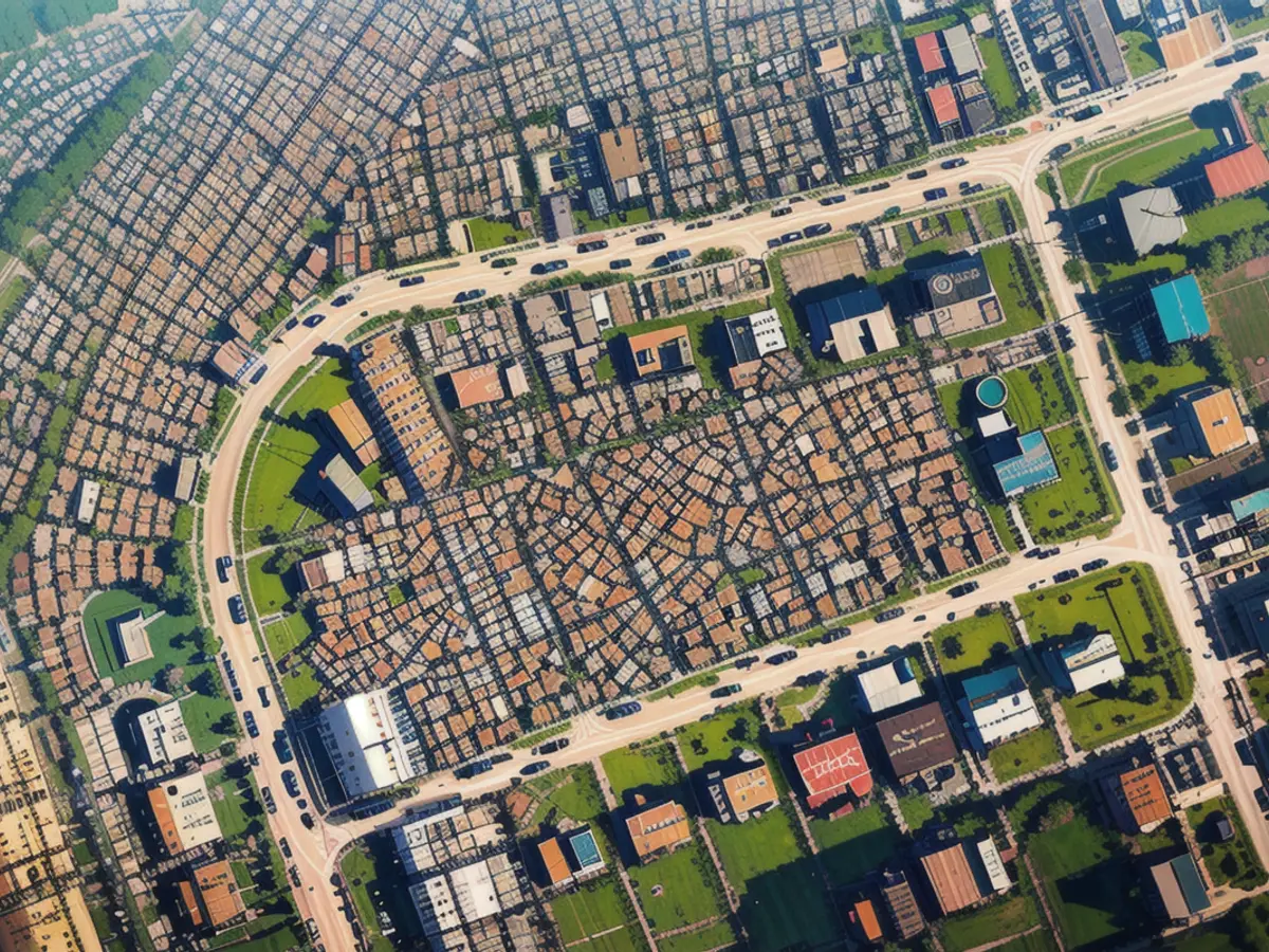 A bird's-eye view of the scene. An aerial