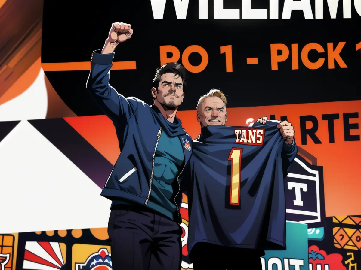 Caleb Williams smiles alongside NFL Commissioner Roger Goodell as he gets picked up by the Chicago Bears. Caleb Williams poses with NFL Commissioner Roger Goodell after being selected by the Chicago Bears.