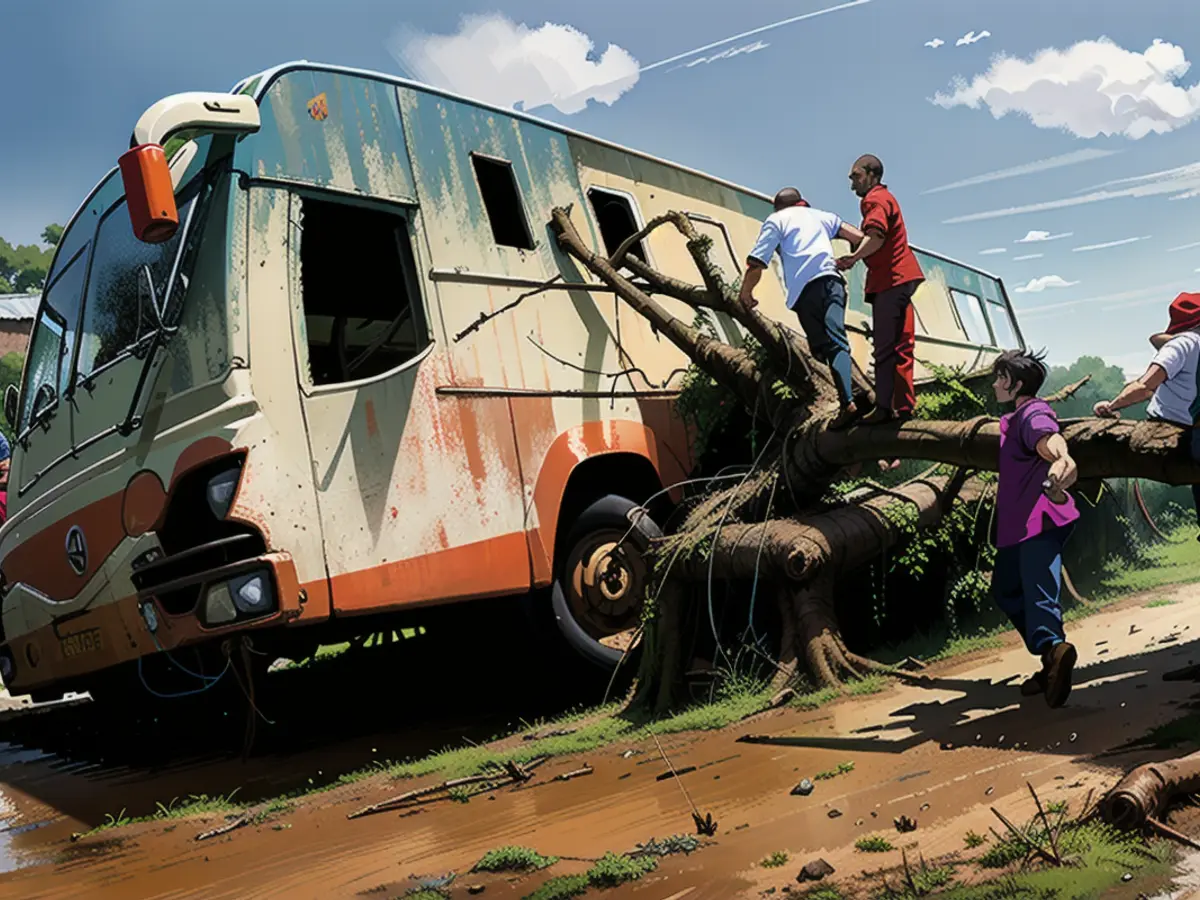 A damaged passenger bus stuck on a fallen tree after heavy flash floods wiped out several homes when a dam burst, following heavy rains in Kamuchiri village of Mai Mahiu, Nakuru County, Kenya, on April 29.