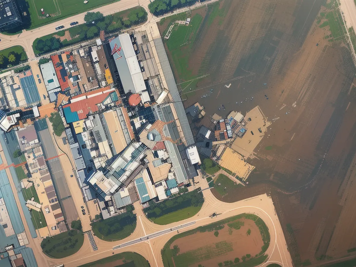 A bird's-eye view displays a typical aviation facility in Omaha, Nebraska, on April 27, 2024. This aerial shows a general aviation hangar in Omaha, Nebraska, on April 27, 2024.