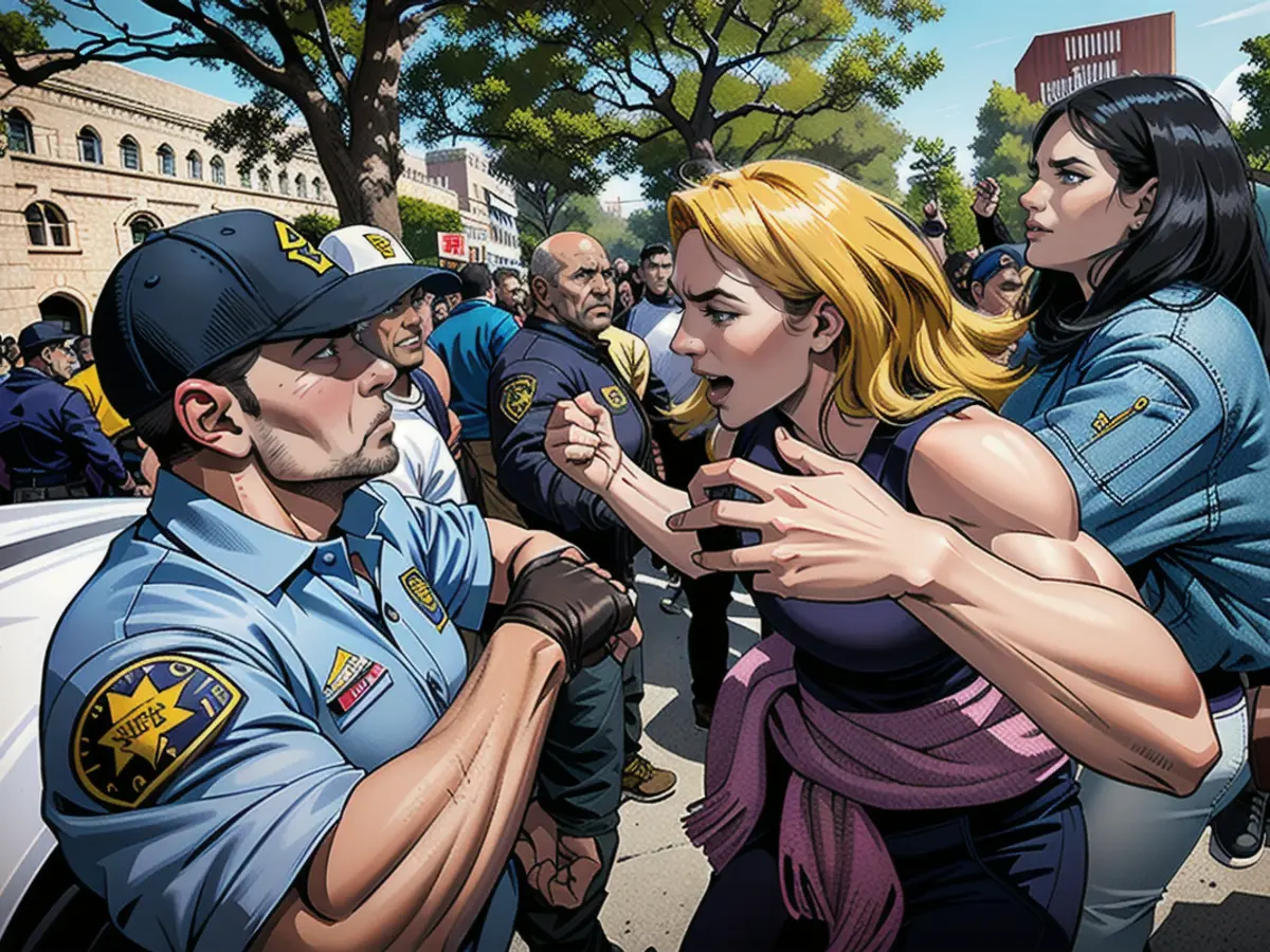 At the University of Southern California's Alumni Park, a protester who supports Palestine clashed with a campus public safety officer during a demonstration on Wednesday in Los Angeles. A University of Southern California protester, right, confronts a University Public Safety officer at the campus' Alumni Park during a pro-Palestinian occupation Wednesday in Los Angeles.