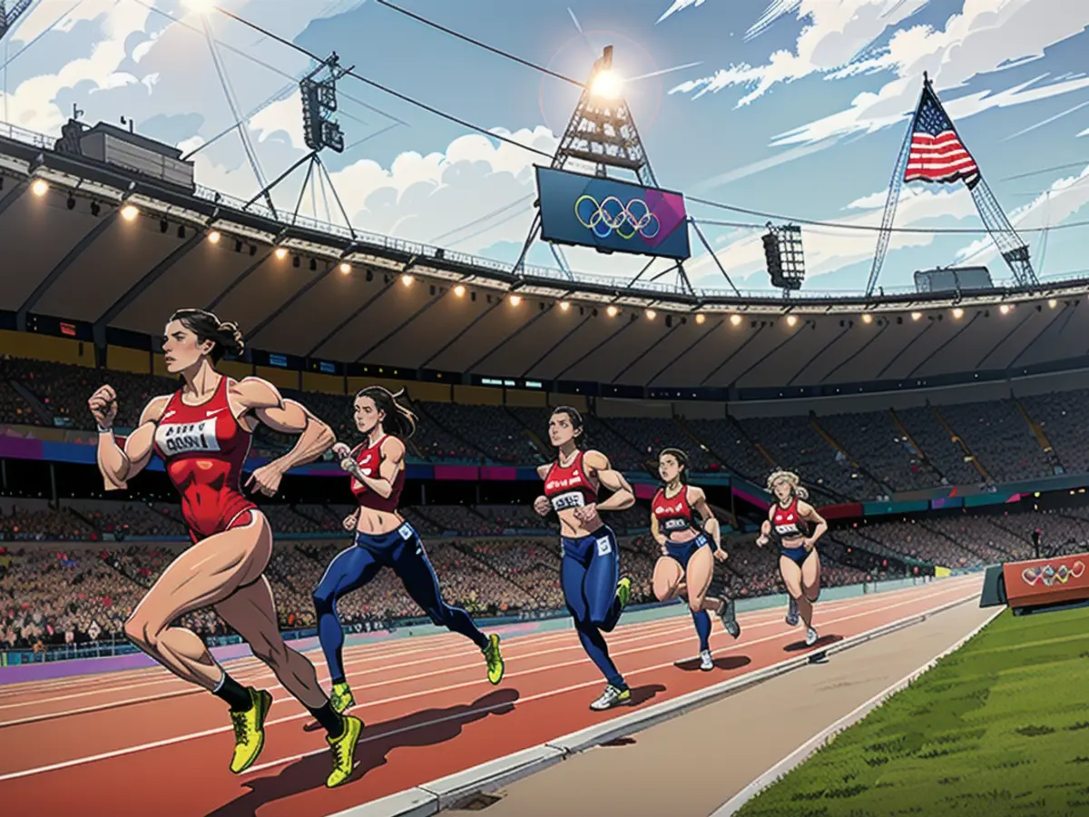 Montaño takes the lead in the women's 800-meter race at the 2012 Olympics. Montaño leading the women's 800-meter final at the 2012 Olympics.