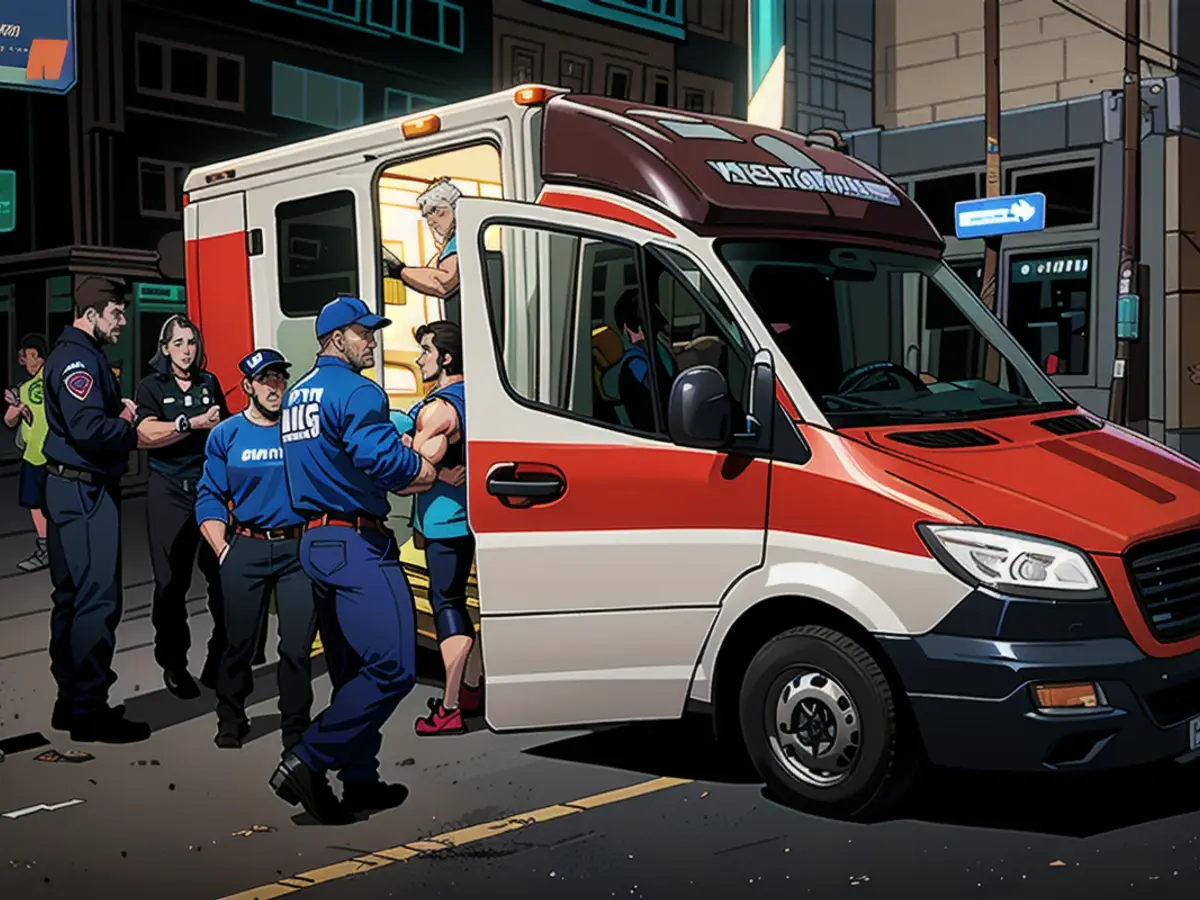 An injured person is treated in an ambulance