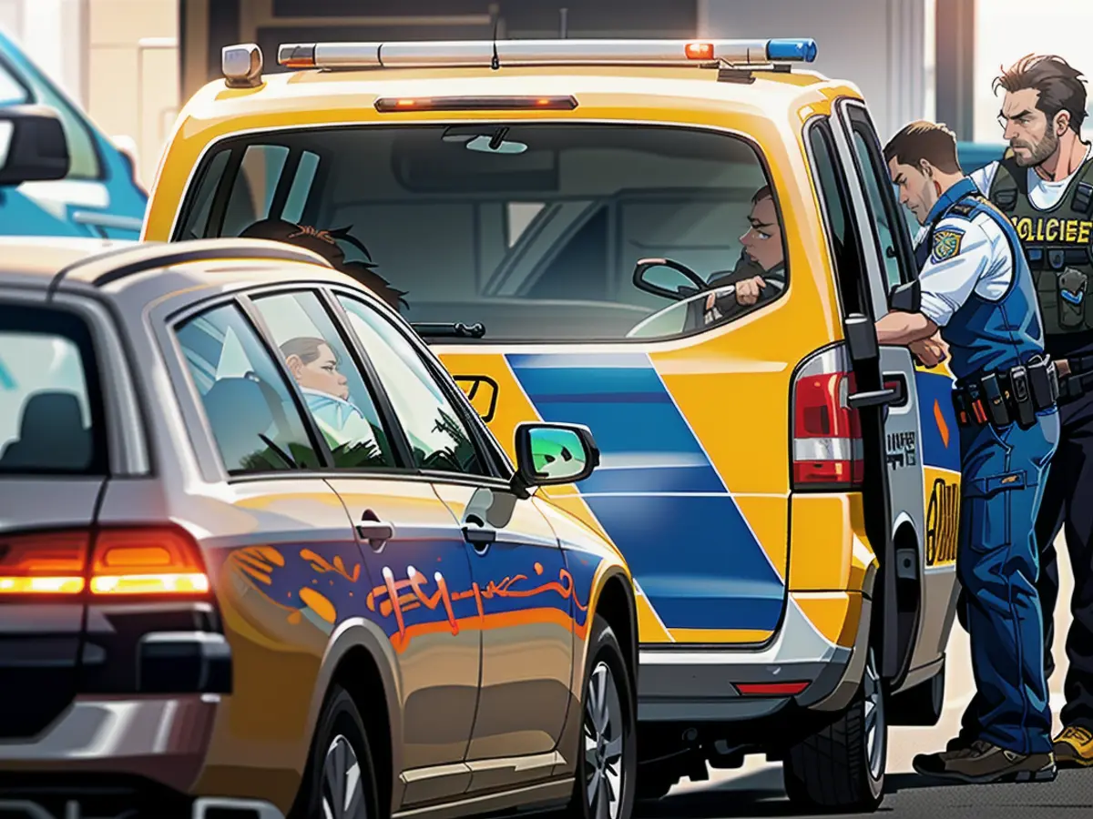 Police officers stand by an emergency vehicle at Bürgerpark. The officers had been looking for Helin