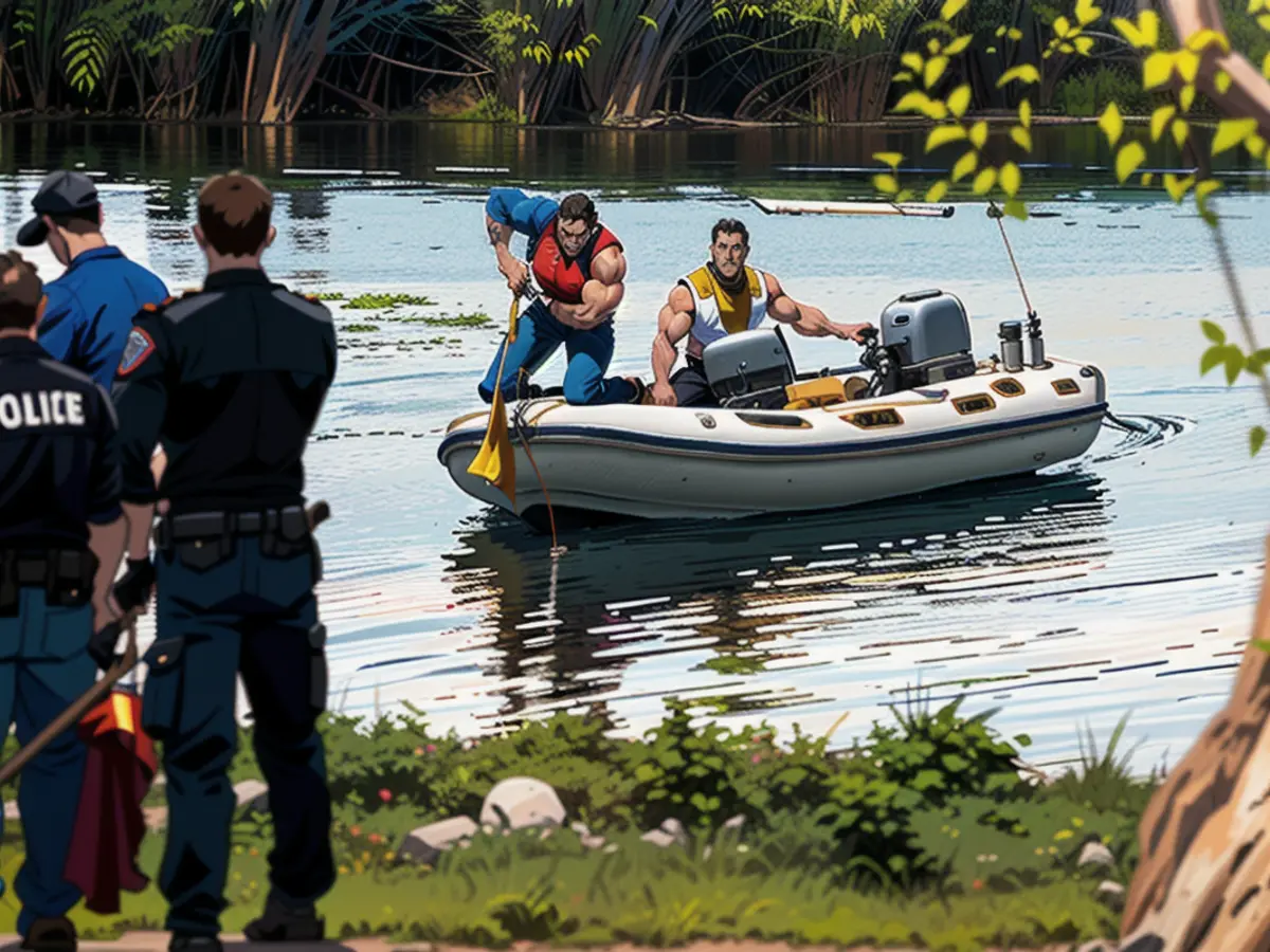 A police sonar boat sails on the Oste during the search for Arian on April 29