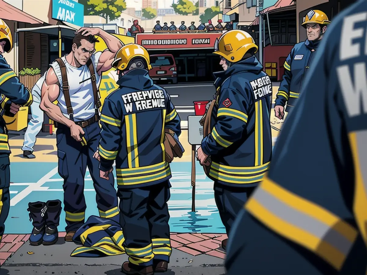 State Secretary Siegfried Lorek has taken off his protective suit. His fellow firefighters discuss the mission with him