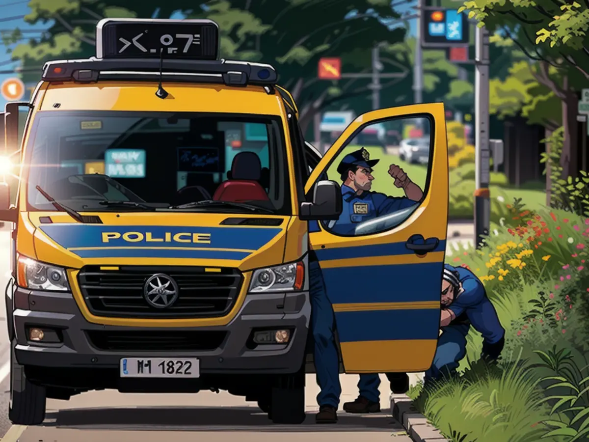 Police officers seek cover behind the door of a van