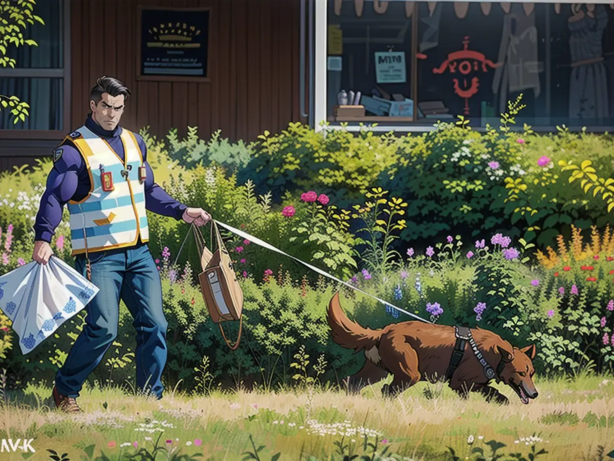 An officer secures evidence at the crime scene with the help of a police dog