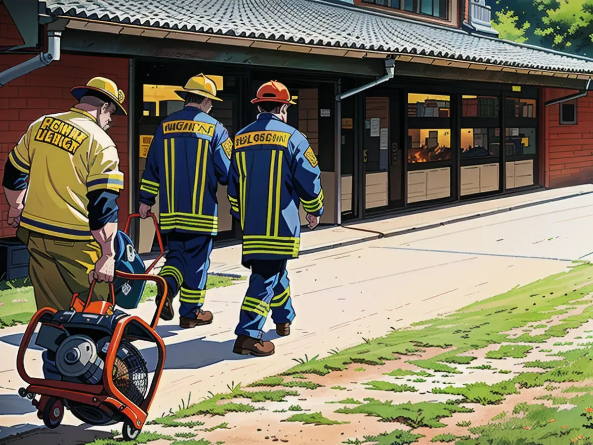 A large fan is brought to the school building by the fire department