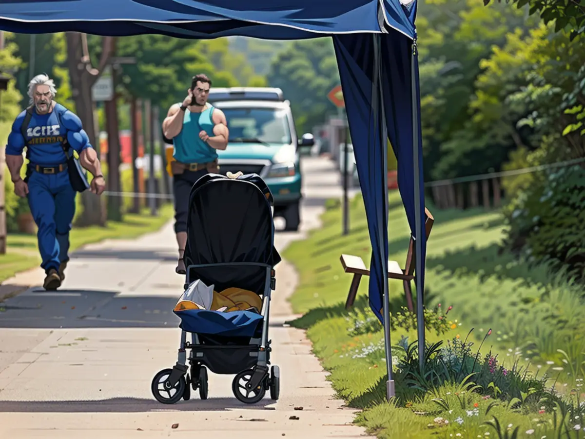 Leon's empty baby carriage on the riverbank path of the Ache