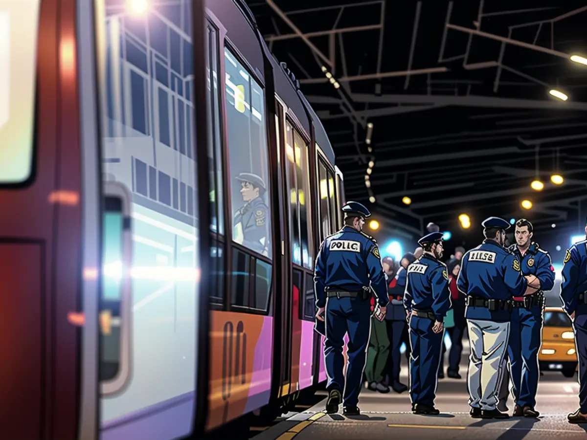 Police officers stand by a streetcar near the scene of the crime