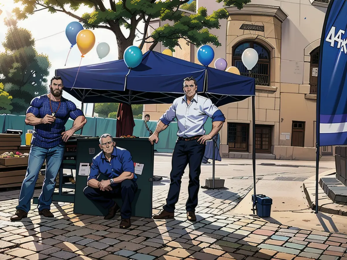 Steffen Baumann (right) at an AfD election stand - he has since been kicked out of the party