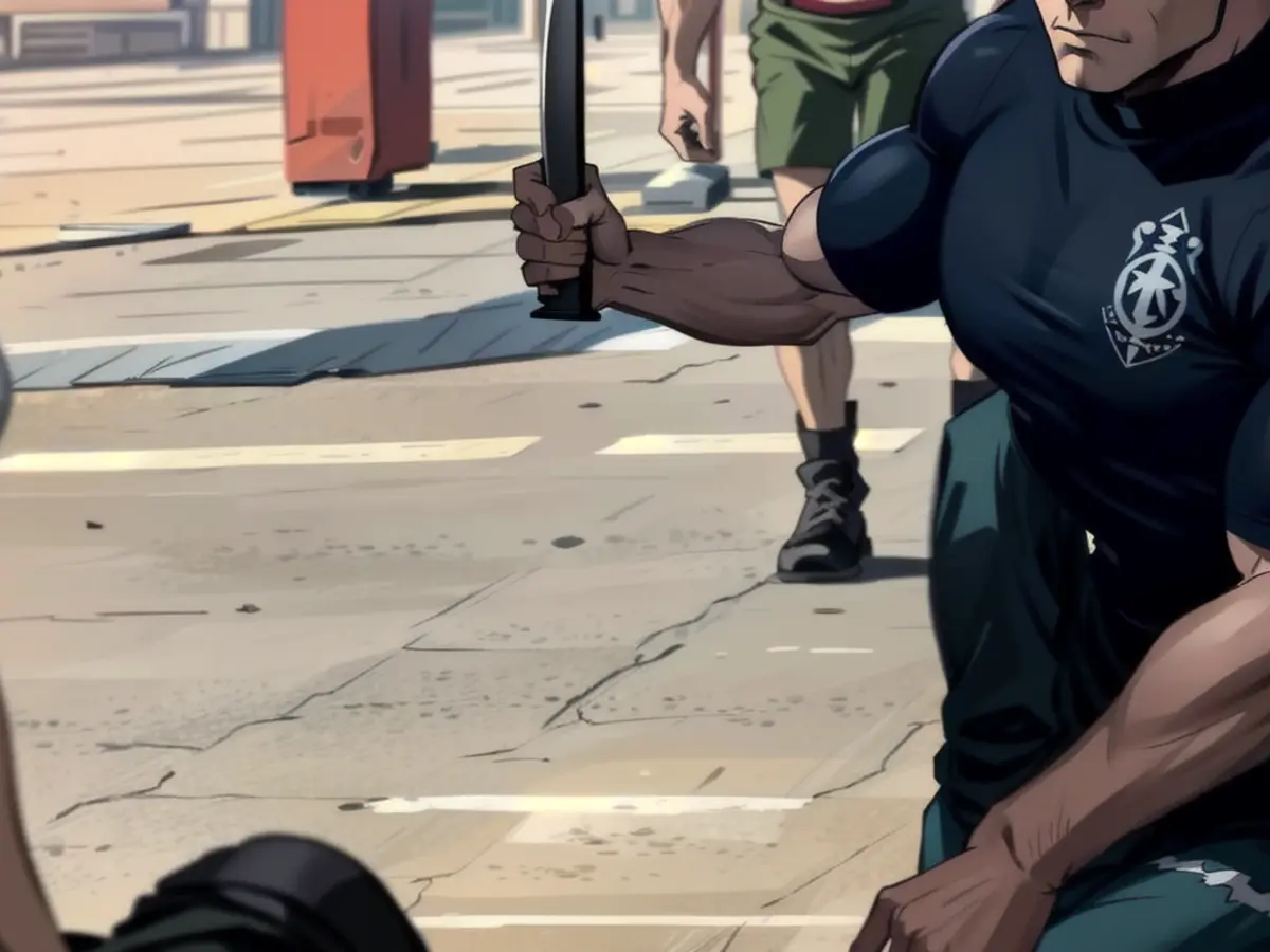 A particularly brutal scene from the one-and-a-half-minute video: The opponent crouches on the street (l.), the man in the black T-shirt strikes him with the blunt side of the machete