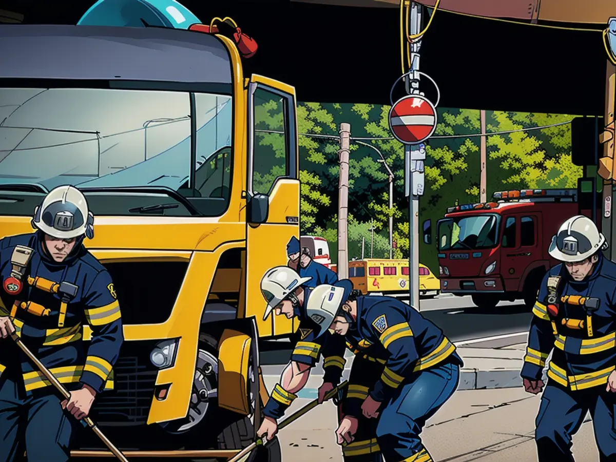 Firefighters clean the roadway of metal parts