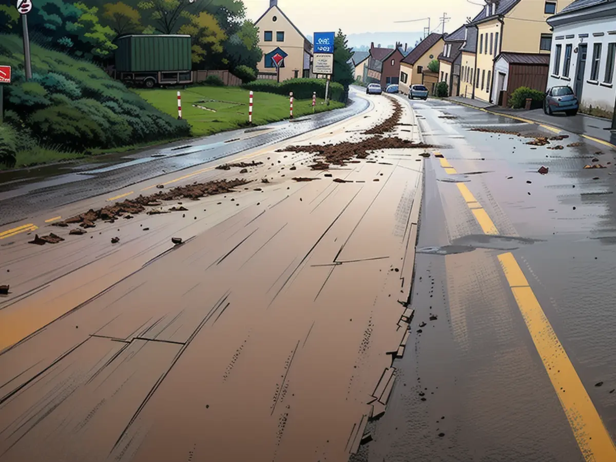 Debris and mud on a road in Niederlinxweiler