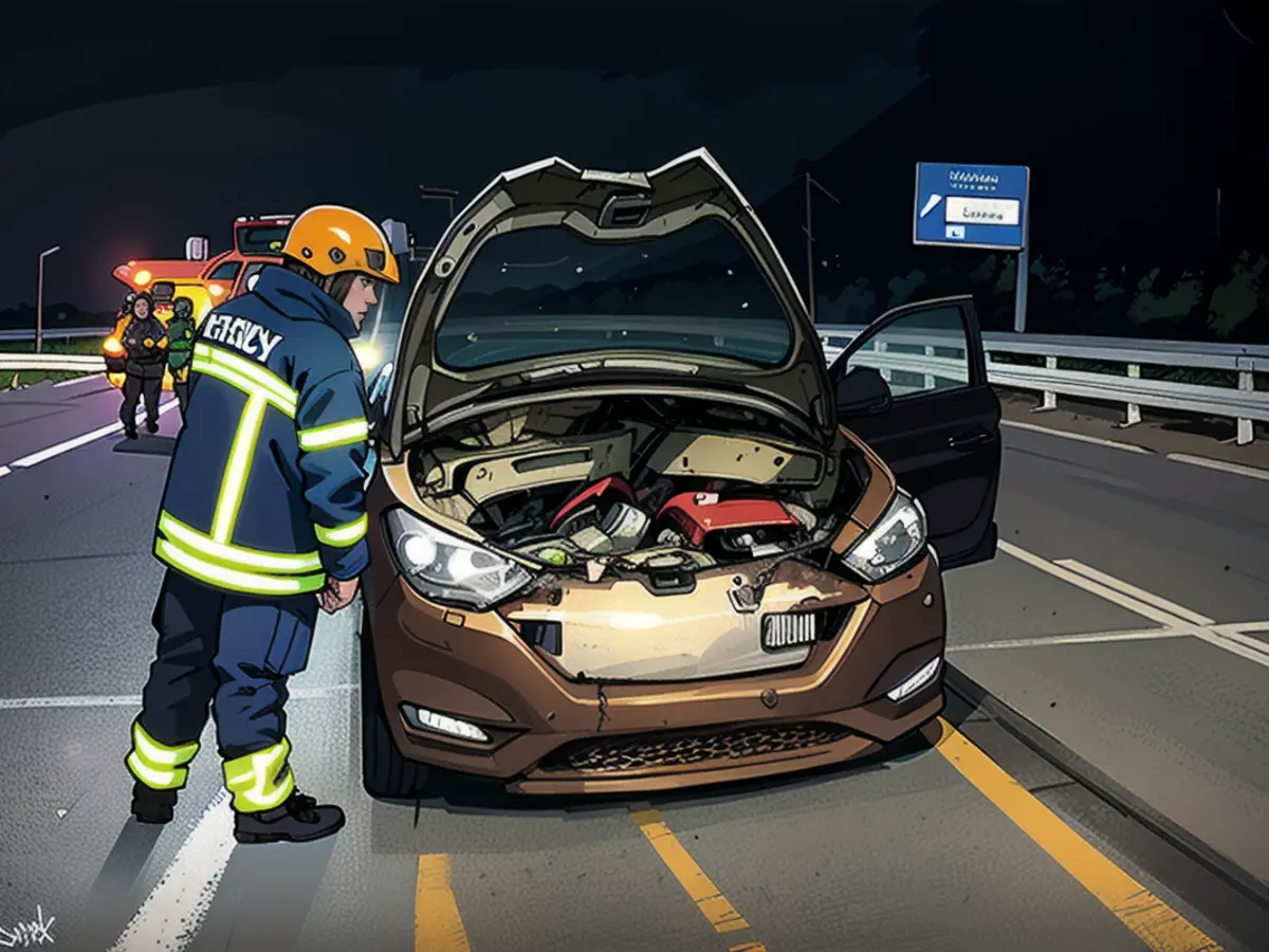 Emergency services and the car involved in the accident on the A9 near Leipzig, where the fatal accident occurred