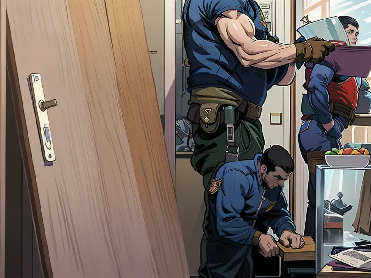 The police officers search cupboards and shelves in the apartment