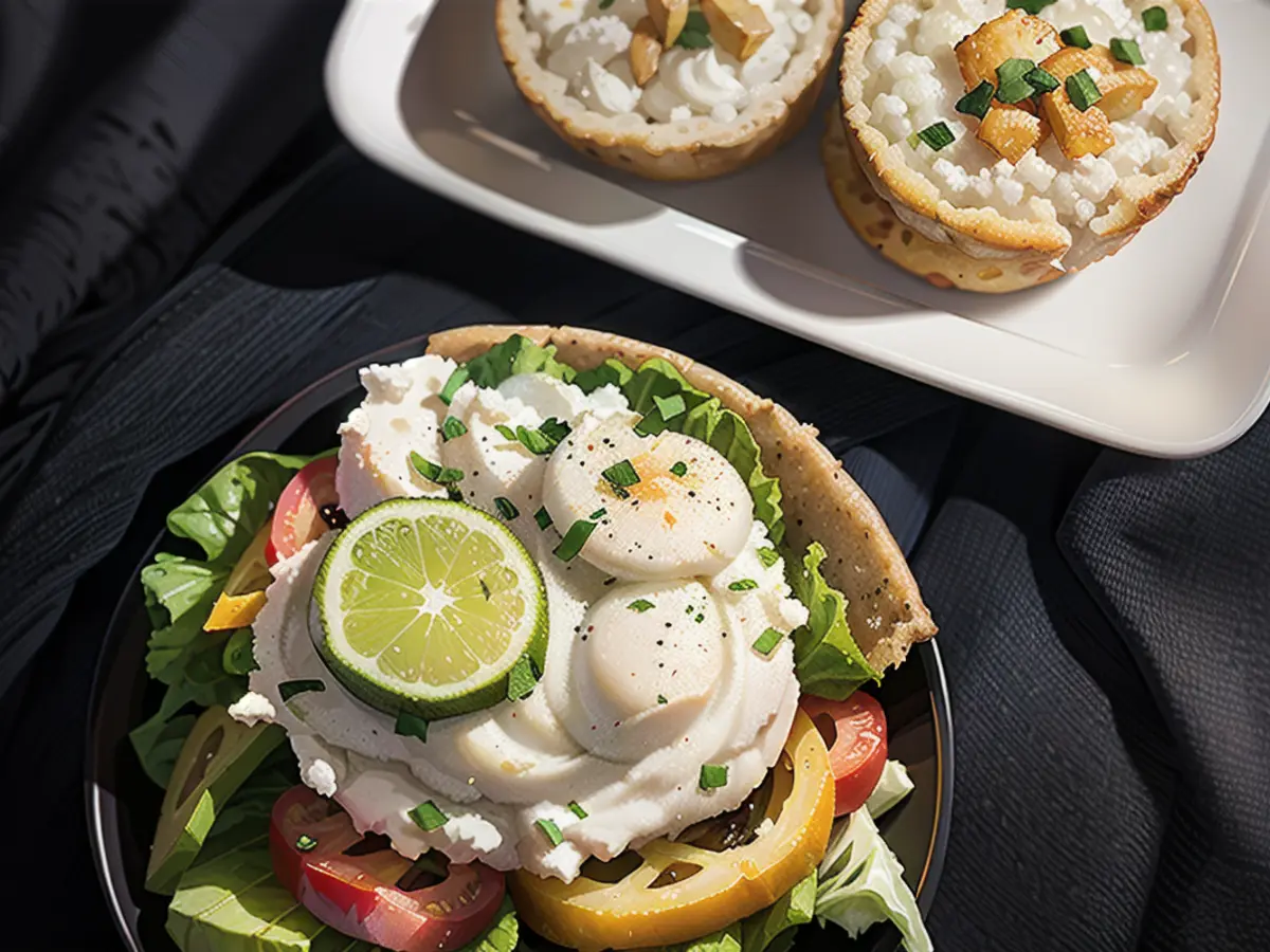 On Sima's plate almost every day: mixed salad with avocado cream cheese and rice cakes