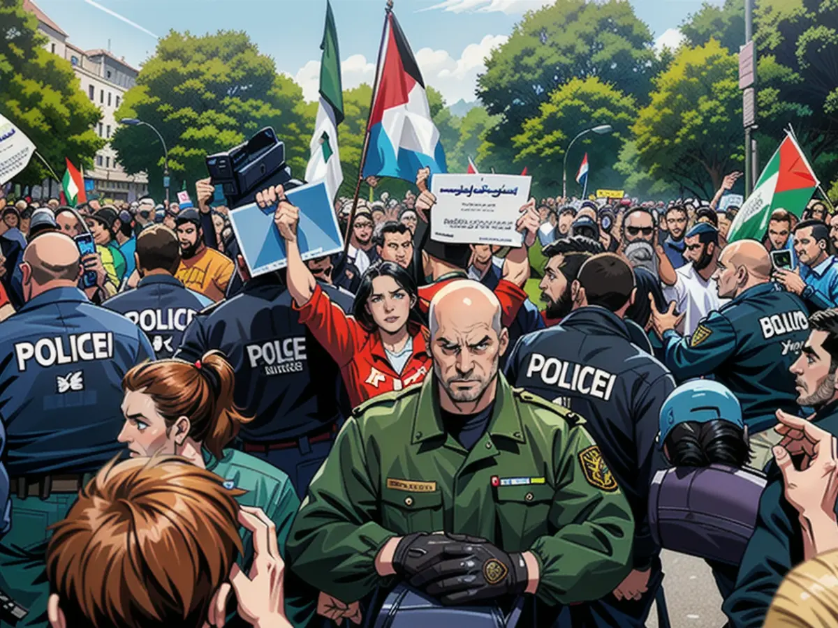 Police check the posters at the Palestinian demonstration