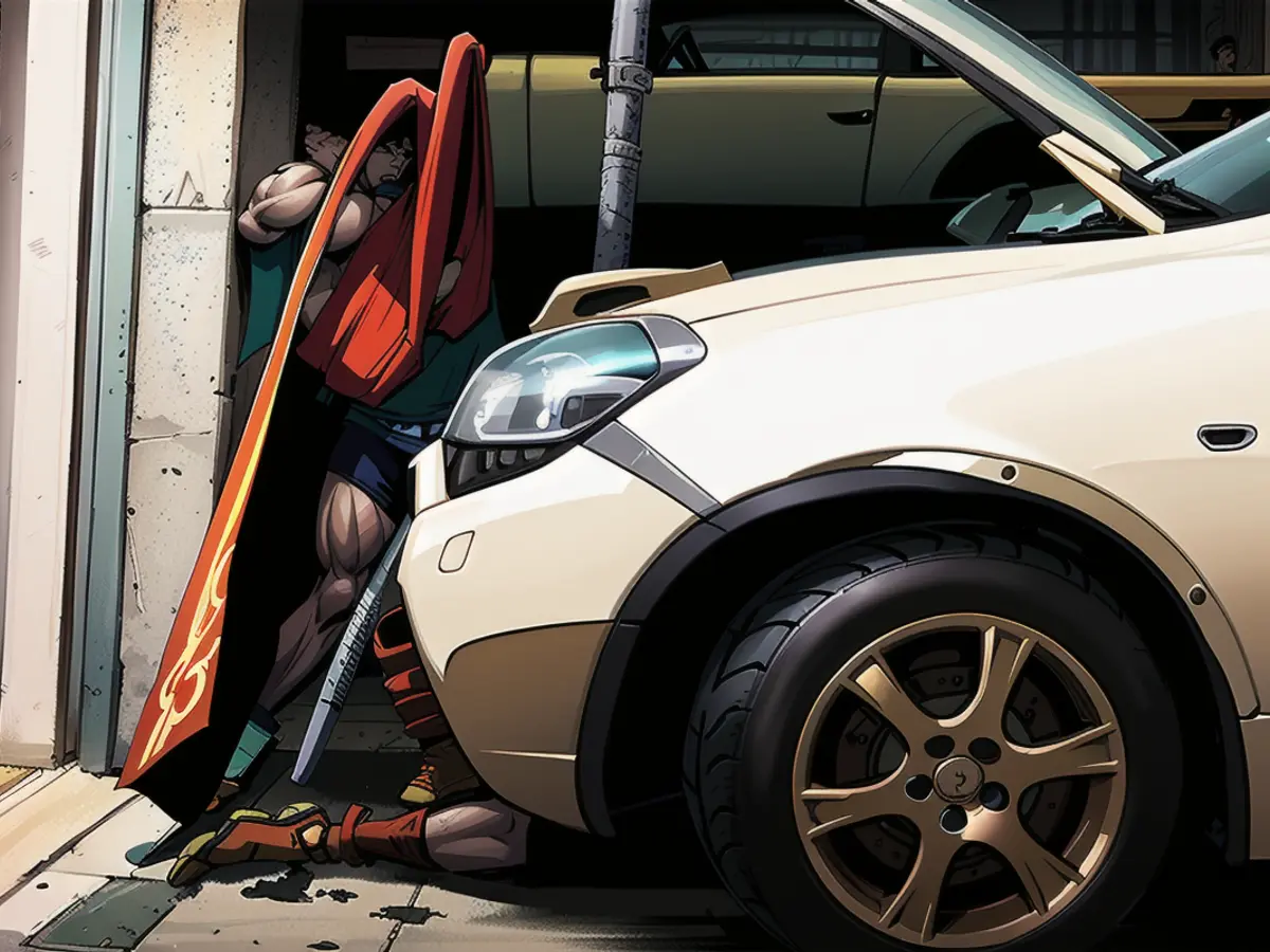 The e-scooter gets stuck between the car and the concrete pillar