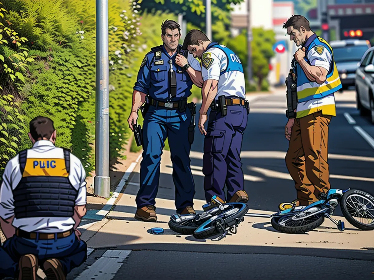 Police officers secure evidence at the driveway where the accident happened