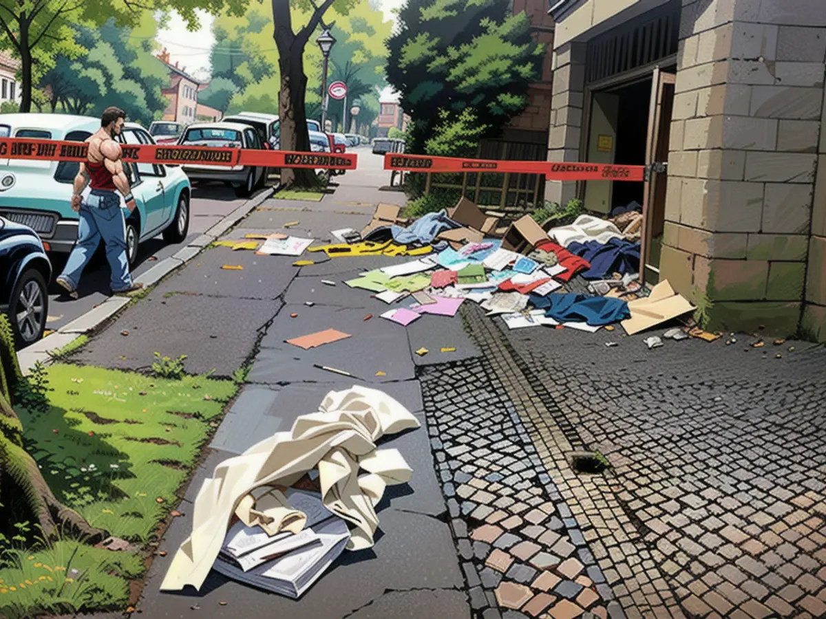 In the end, folders, papers and other objects lay on the path in front of the house