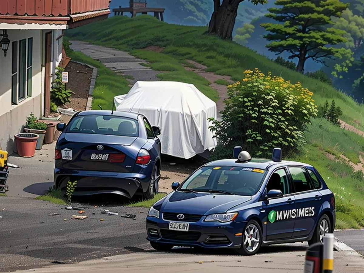 The two cars that Rosberg and Wehrlein were driving for the appointment are parked on a driveway after the accident and covered up