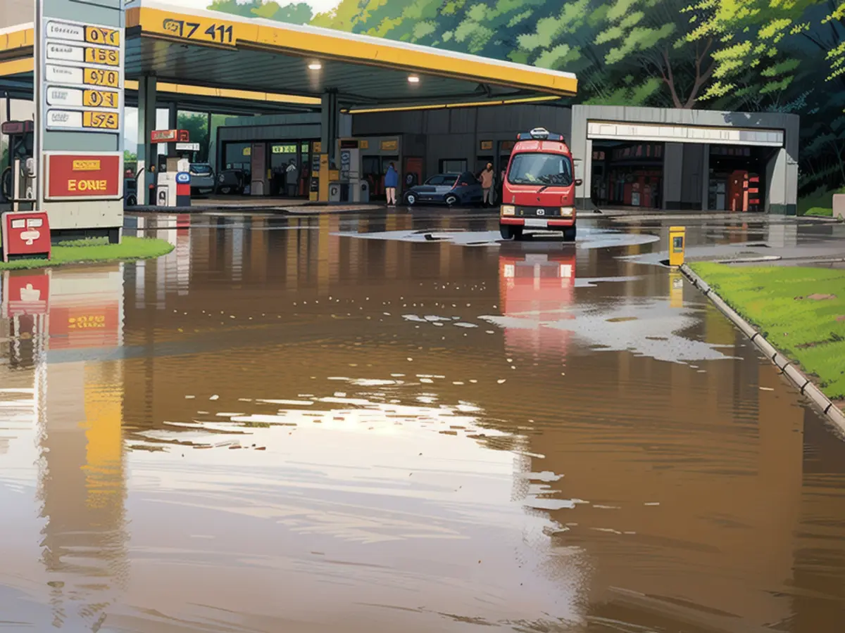 Das Gelände der Tankstelle wurde zum Teil überschwemmt