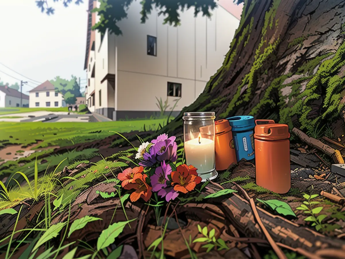 Unter einem Baum neben dem Haus haben Freunde des Toten Kerzen aufgestellt und Blumen abgelegt