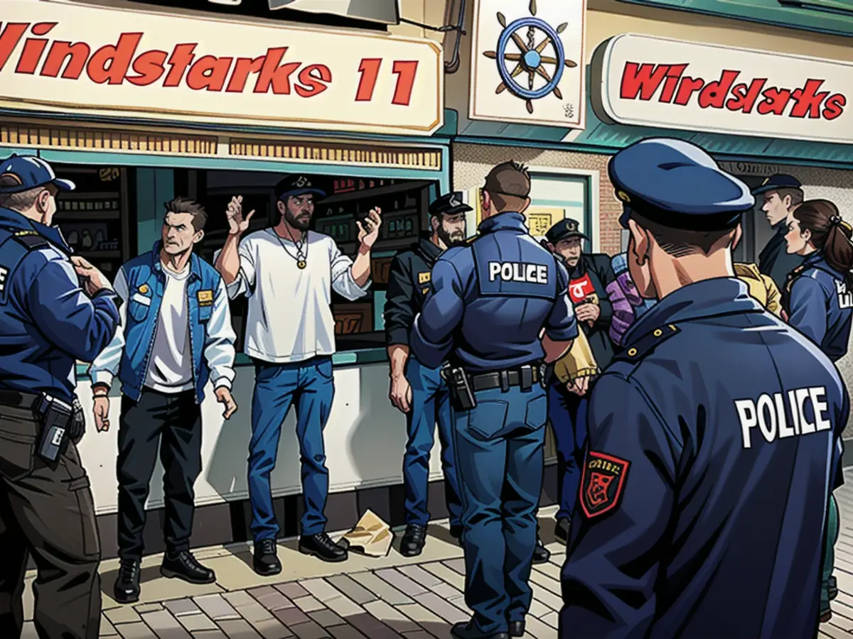 Police check suspects outside the pub