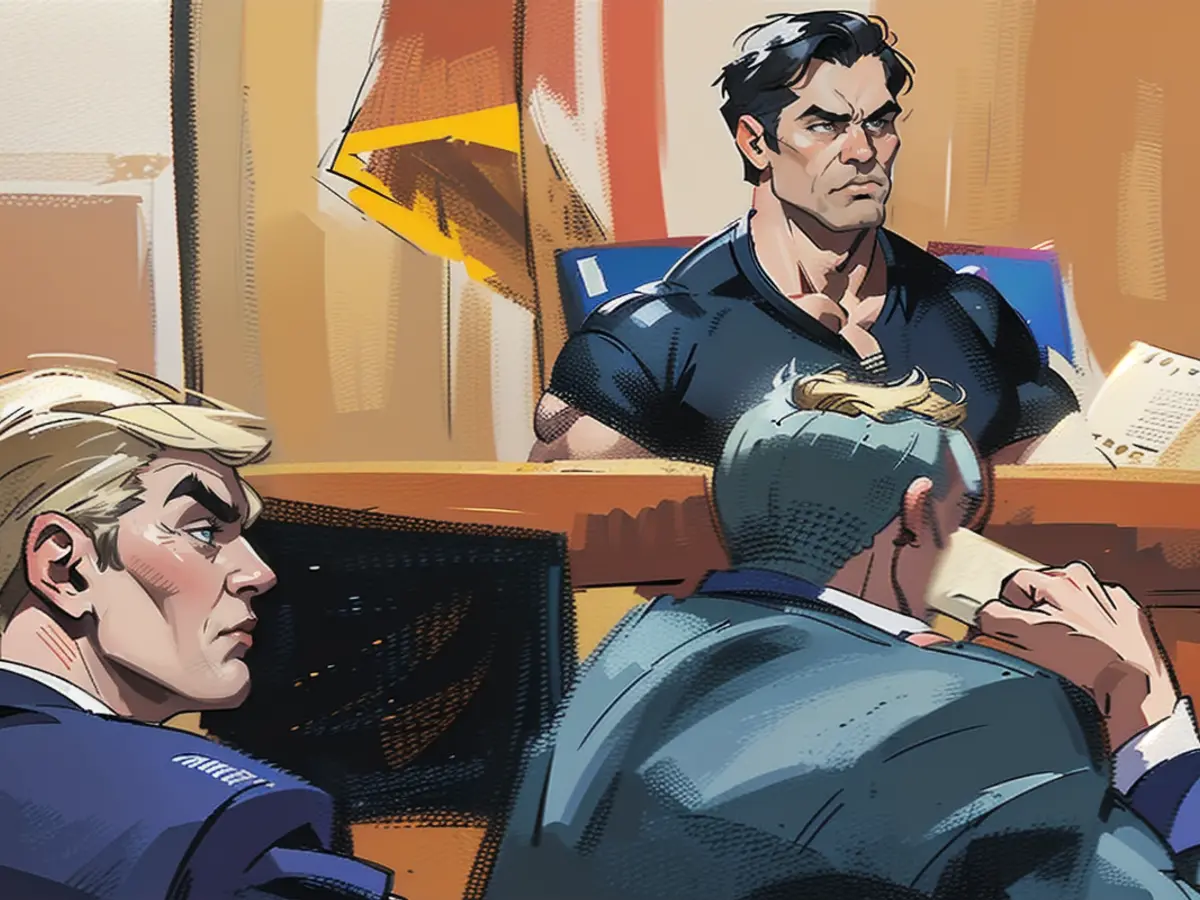 This trial drawing shows Judge Merchan, unmistakably Donald Trump in the left foreground