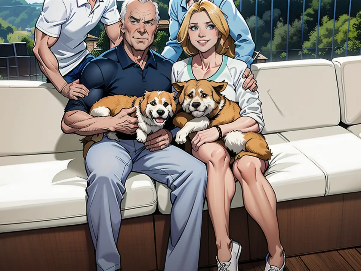 Franz Beckenbauer with his wife Heidi, daughter Francesca, son Joel and their dogs Frieda (left) and Balou at home in Salzburg in 2020