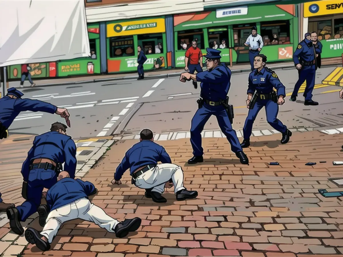 Sulaiman A. attacks the policeman with the knife and is about to stab him in a fraction of a second. The second officer (center) takes the shot to put the assassin out of action