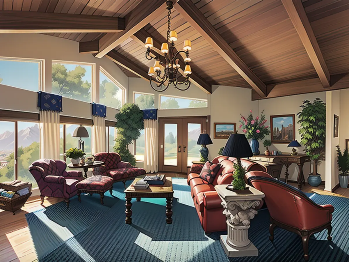 The main house’s sunken living room features a stone fireplace, polished onyx flooring, and a wall of glass.