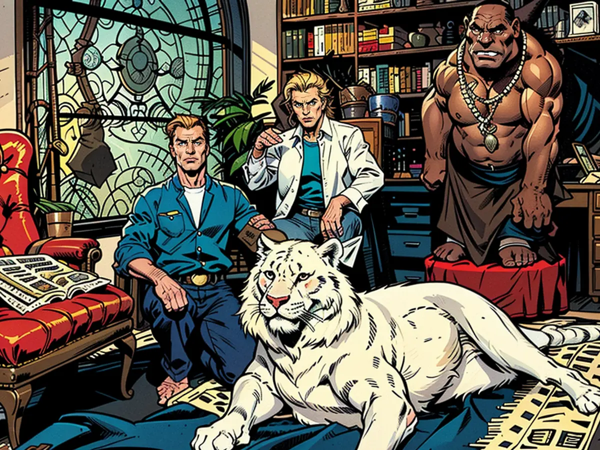 The original tiger kings pose with Mantra the tiger in the library at the Jungle Palace in the ’90s.